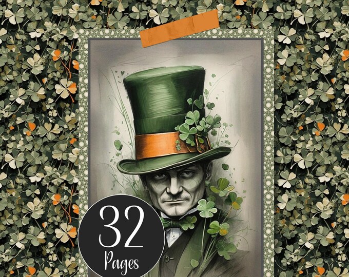 Printable St. Patricks Irish Junk Journal Kit Digital Papers Ireland St. Paddy Digital Pages of Clover Leprechaun Celtic Cross Top Hat