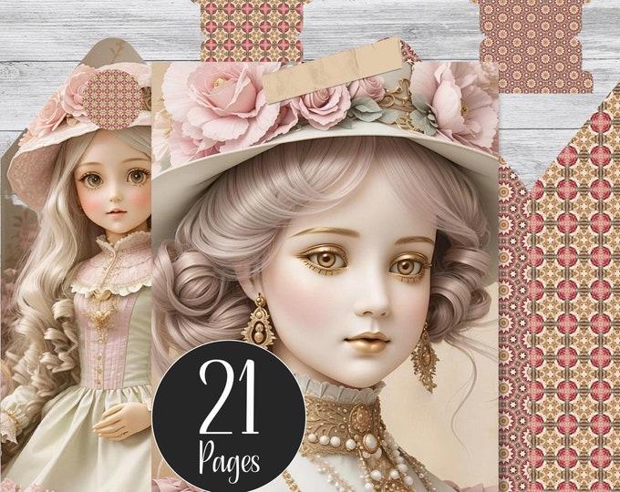 Printable Doll and Dollhouse Ephemera Kit Pink Junk Journal Embellishments Envelopes Journal Cards Tags Digital Paper for Journaling