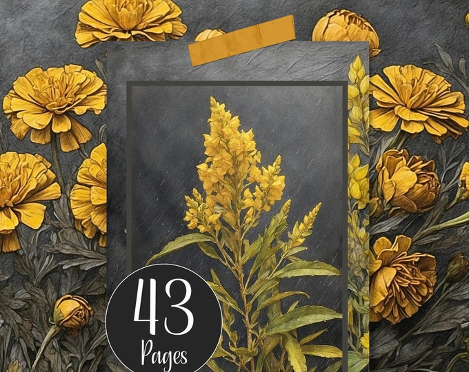 Printable Junk Journal Kit, Floral Digital Papers, Sunny Flowers on a Rainy Day Journal Kit with Ephemera of Journal Cards, Pockets, Tags