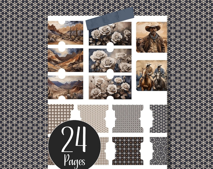 Western Cowboy Ephemera 24 Digital Papers for Wild West Junk Journal, Scrapbooking Papercraft Project, Printable Digital Papers