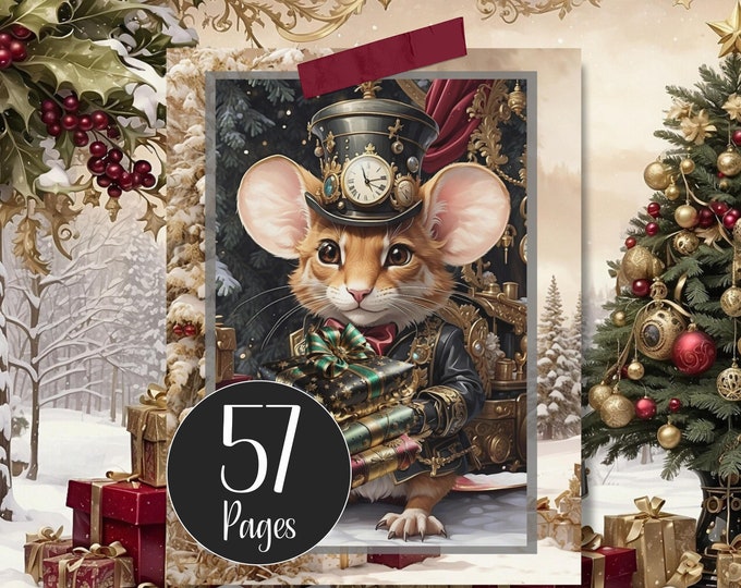 Printable Steampunk Christmas Mice Junk Journal Kit Digital Papers Printable Journal Paper Christmas Steampunk Ephemera Steam X-mas Mouse