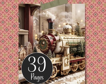 Könnte beinhalten: Ein Zug im Vintage-Stil mit goldenen Akzenten und grünen und roten Details, geschmückt mit Kiefern und Schnee. Der Zug befindet sich auf einem Gleis mit Schnee auf dem Boden. Das Bild enthält den Text "39 Pages".