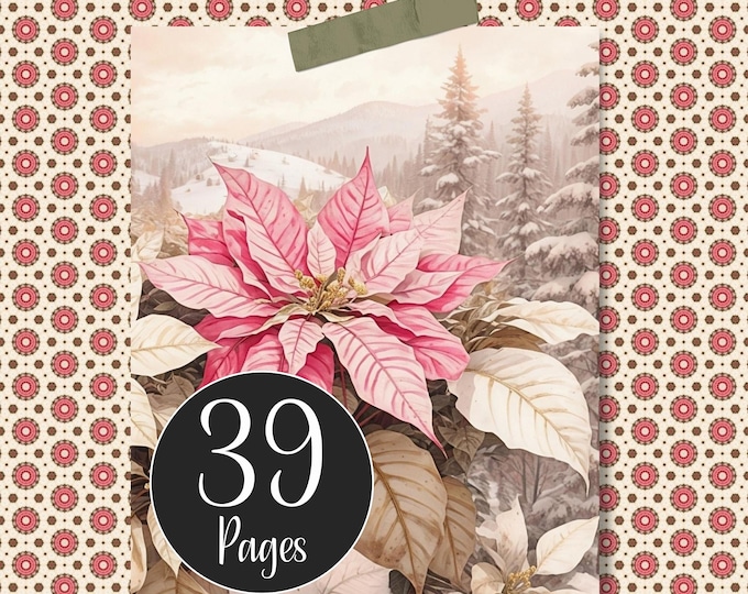 Poinsettias and Candles Christmas Junk Journal Kit, Digital Papers A4, Cream and Pink X-mas Pages for Journaling, Scrapbooking, Papercraft