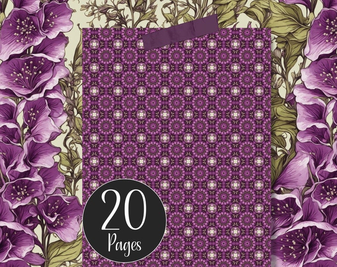 Printable Digital Paper Purple Foxglove and Complementary Background Pages for Junk Journal Backing Papers Floral Washi Tape Printable