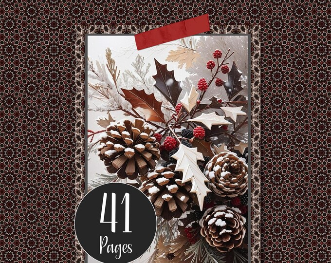 Printable Christmas Junk Journal Kit X-mas Digital Papers Traditional Red and Green Wintery Forest Pinecones Winter Pages for Journaling