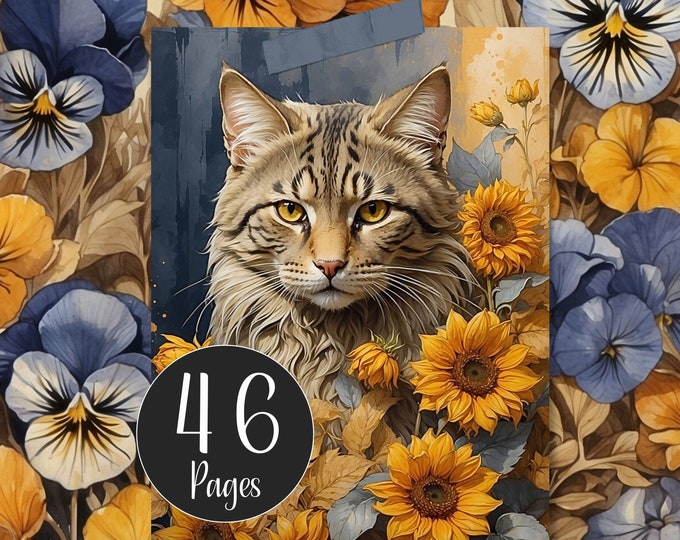 Tabby Cat Junk Journal Kit, Sunflowers, Cats & Pansies Digital Paper Pack for Journals, Papercraft Gift, Crafting for Cat Lovers, Cat Paper