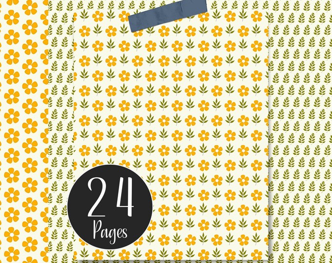 Minimalist Digital Paper Pack, Floral Pages for Bullet Journaling, Collage, Scrapbooking and Junk Journals, Yellow, Green, Rust and Beige
