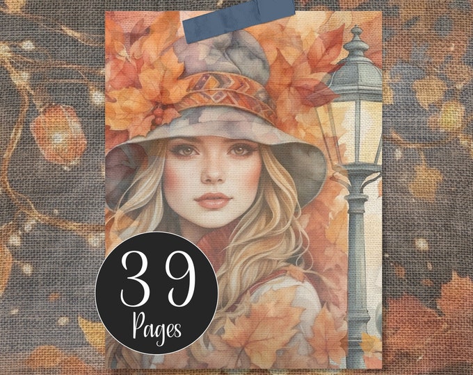 Autumn Days Junk Journal Kit, Fall Season Journal Pages, College Digital Paper of Falling Leaves, Pumpkins, Hot Chocolate, Fairy Lights
