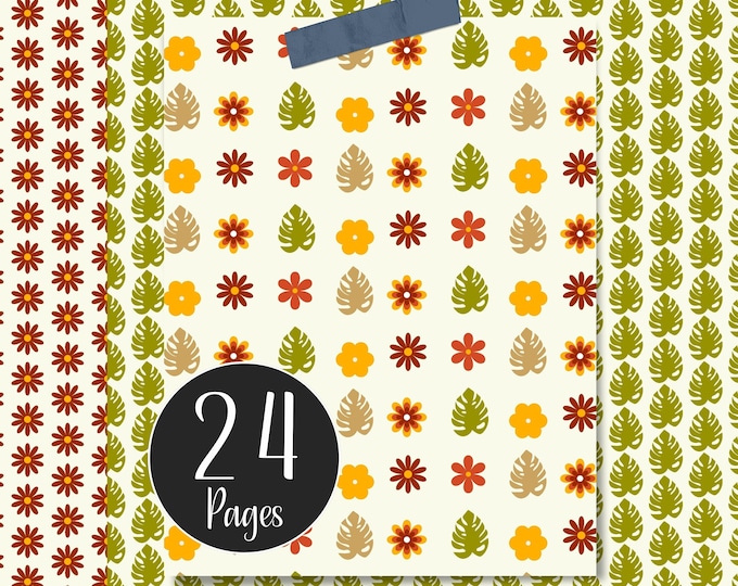 Minimalist Digital Paper Pack, Flower Pages for Bullet Journaling, Collage, Scrapbooking and Junk Journals, Yellow, Green, Orange and Beige