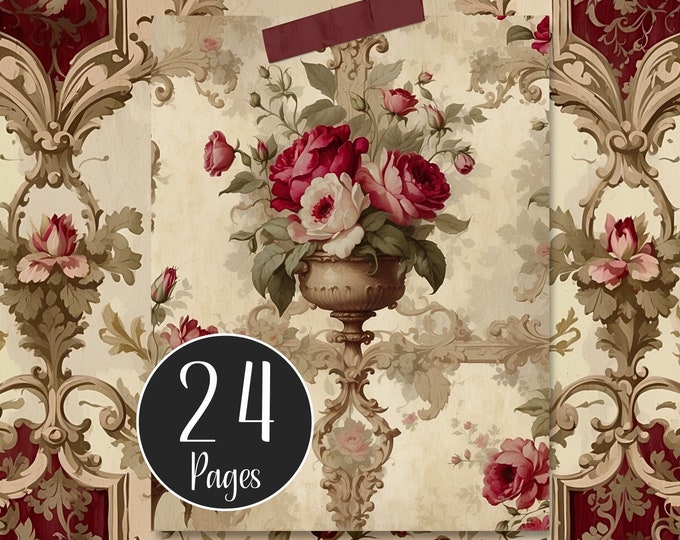 Shabby Floral Scrappy Papers for Junk Journal Pages in Cream and Red, Craft Paper Pack Digital for Instant Download