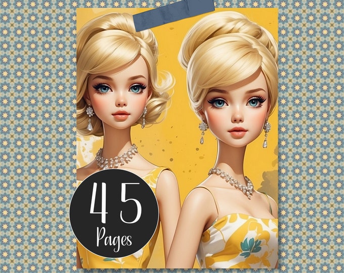 1960s Doll Junk Journal Kit with Ephemera, Sixties Doll Digital Paper, Doll and Dollhouse Junk Journal Pages Yellow, Fashion Doll Printable