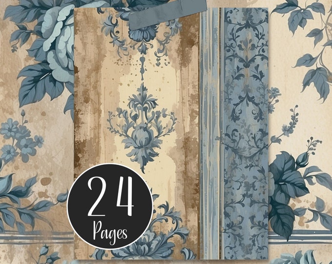 Blue Shabby Digital Paper Pack, French Style, Blue Junk Journal Pages, Decoupage, Scrapbooking and Card Making, Journal Printables