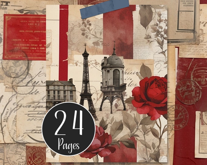 Digital Collage Paper Pack, French Red, Eiffel Tower, Planes, Collage Paper Kit for Journaling, Paper Collage, Scrapbooking and Card Making