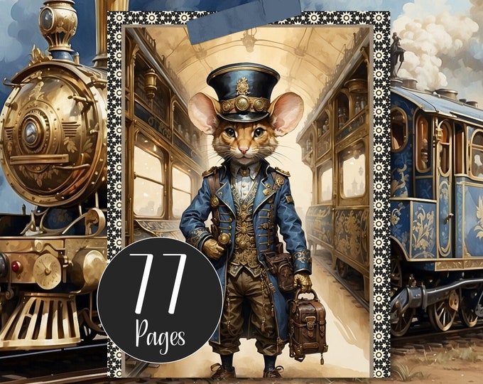 Mouse Steam Train Porter Journal Kit Mice Digital Papers Printable Steampunk Mouse and Steampunk Steam Trains for Junk Journal & Scrap Book