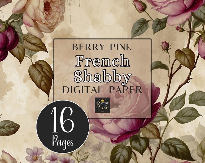 French Shabby Digital Paper Pack, Berry Pink Floral Junk Journal Pages, Decoupage, Scrapbooking and Wedding Card Making, Journal Printables