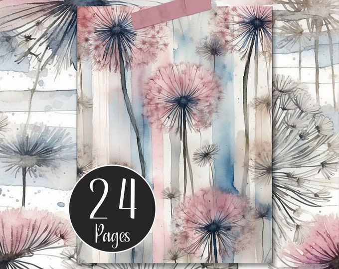 Blue and Pink Dandelions Digital Paper Pack for Tall Skinny Junk Journals, Portrait Orientation, Card Making Supplies, Tall Dandelion Paper