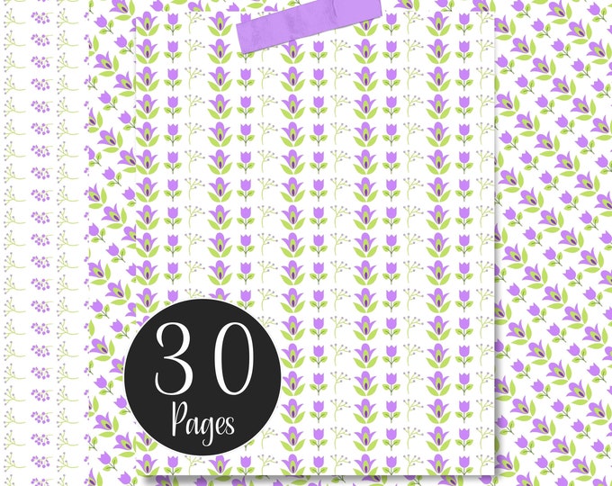 Minimalist Digital Paper Pack, Purple Tulips, Purple Floral Pages for Bullet Journaling, Collage Art, Scrapbooking and Junk Journal Pages