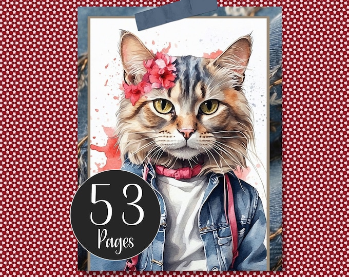 Cute Cats in Denim Junk Journal Kit | Printable Cat Themed Ephemera and Floral Denim Digital Papers for Journals and Papercrafts