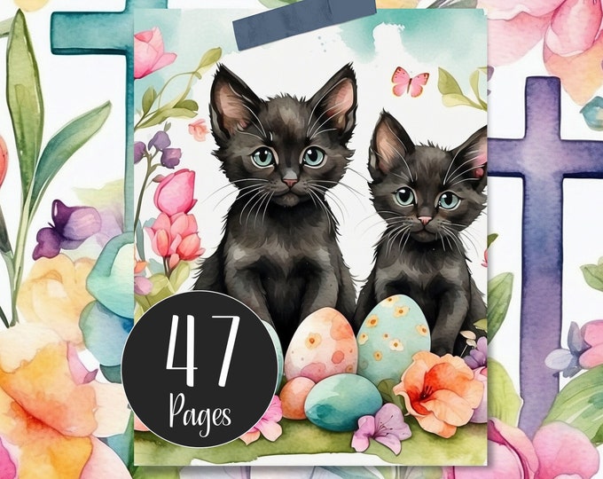 Printable Paper Pack for Easter, Journal Pages and Journal Cards, Cuteness of Puppies, Kittens, Bunny Rabbits & Crosses in Pastel Colours