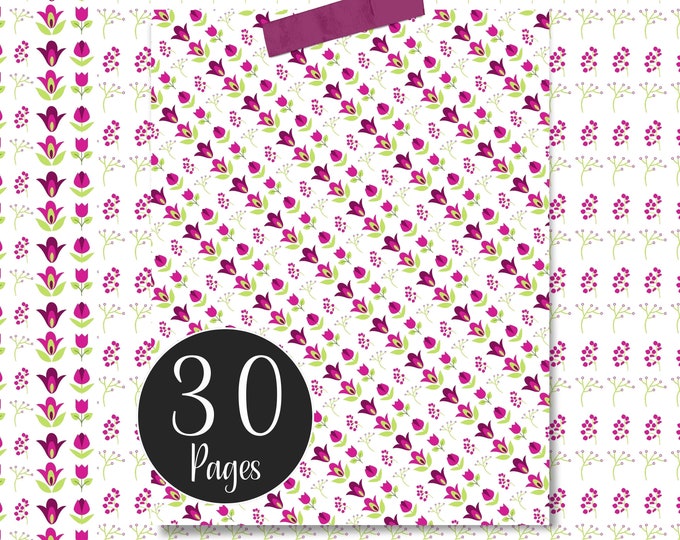 Minimalist Digital Paper Pack, Magenta Tulips, Pink Floral Pages for Bullet Journaling, Collage Art, Scrapbooking and Junk Journal Pages