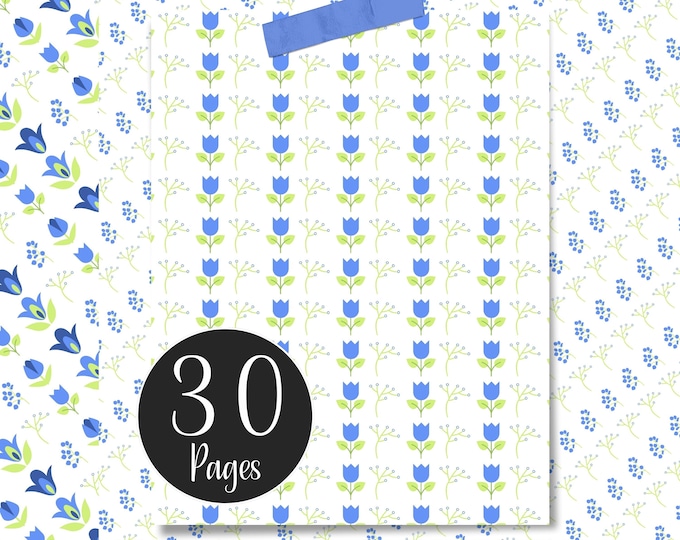Minimalist Digital Paper Pack, Blue Tulips, Blue Floral Pages for Bullet Journaling, Collage Art, Scrapbooking and Junk Journal Pages