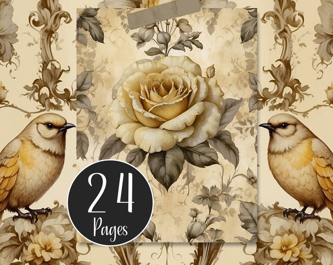 Yellow Shabby Digital Paper Pack, French Style, Floral Junk Journal Pages, Decoupage, Scrapbooking and Card Making, Journal Printables