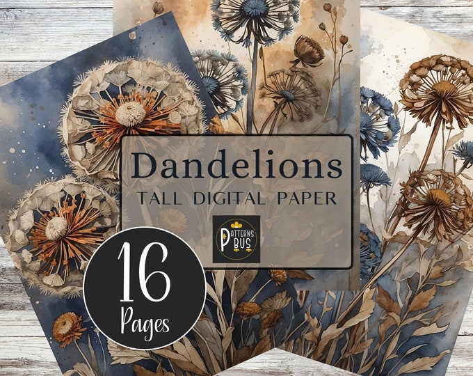 Dandelions Journal Pages, Paper for Tall Junk Journals, Digital Paper Pack for Journaling, Decoupage, Scrapbooking, Card Making & Papercraft