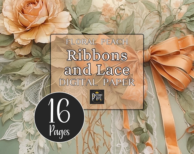 Ribbons and Lace Digital Paper Pack, Floral Junk Journal Background Pages in Peach, Decoupage, Journaling and Wedding Card Making