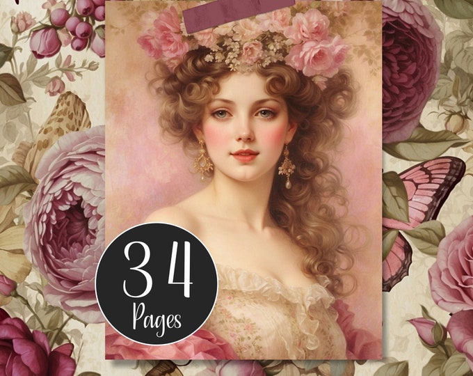 French Shabby Junk Journal Kit, Berry Pink Journal Pages, Rococo Ladies and Floral Digital Paper, Ephemera of Tags, Journal Cards, Envelopes