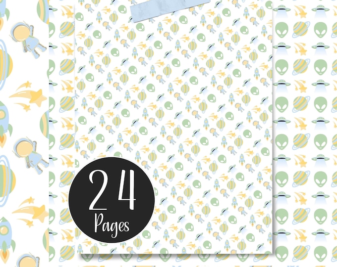 Minimalist Digital Paper Pack, Astronaut and Alien Space Pattern Pages for Bullet Journaling, Card Making, Junk Journals, Paper Printables