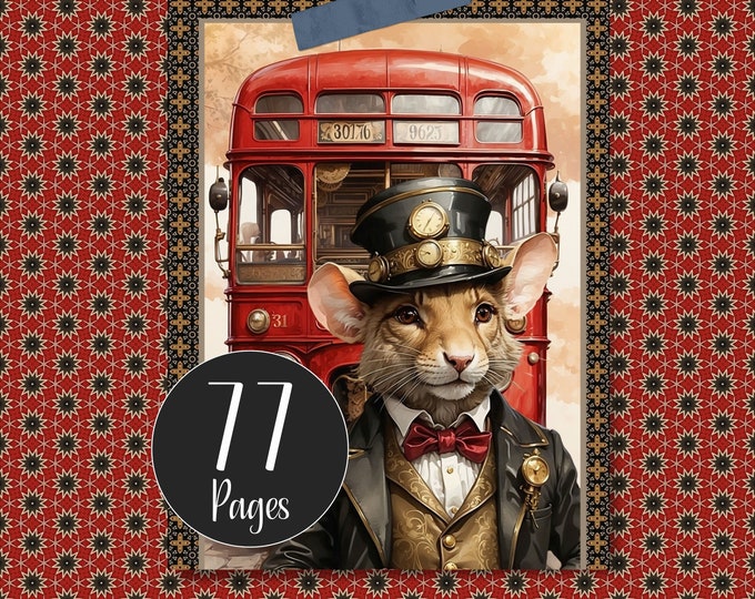 Steampunk Junk Journal Kit the Mouse Bus Conductor, Mice Printable Digital Paper, Bus Journal Pages, Mouse and Buses Ephemera, Tickets, Tags