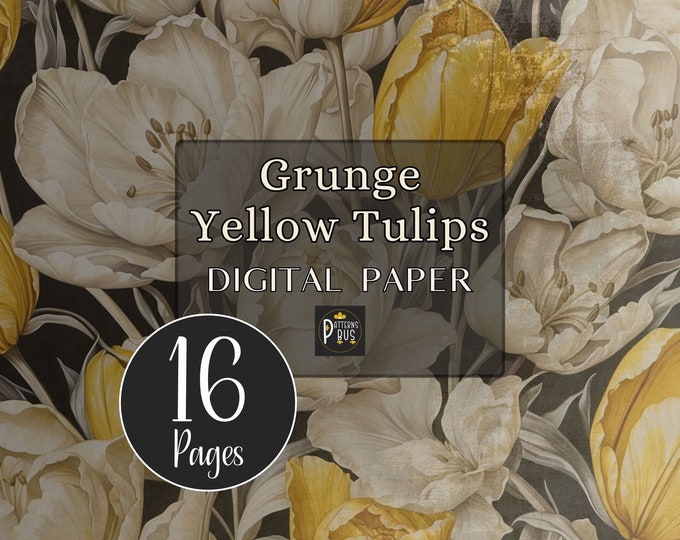 Grunge Digital Paper Pack of Yellow Tulips, Printables for Junk Journals, Scrapbooking, Floral Decoupage, Bullet Journaling and Card Making