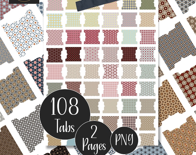 Printable Tabs In 108 Colourful Patterns for Bullet Journal, Patterned Tabs for Junk Journal, Scrapbooking, Card Making PNG Digital Download