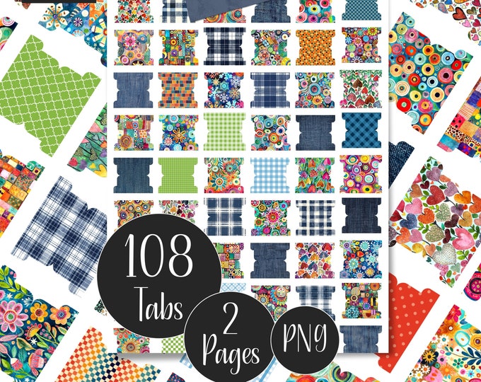 Printable Tabs In 108 Boho Plaid and Denim Patterns for Bullet Journal, Fold-over Tab Dividers for Planners and Bible Section Tabs - Digital