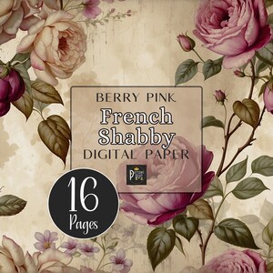 French Shabby Digital Paper Pack, Berry Pink Floral Junk Journal Pages, Decoupage, Scrapbooking and Wedding Card Making, Journal Printables