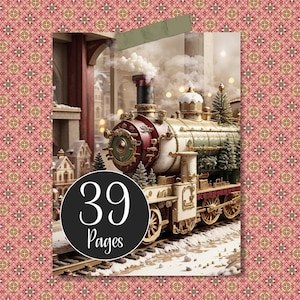 Santa Train Christmas Junk Journal Kit with Ephemera, Digital Papers A4 X-mas Pages with Santa, Steam Trains, Christmas Tree and Dolls House