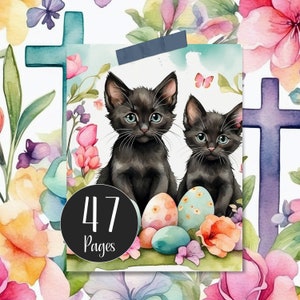 Printable Paper Pack for Easter, Journal Pages and Journal Cards, Cuteness of Puppies, Kittens, Bunny Rabbits & Crosses in Pastel Colours