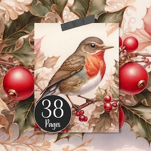 Printable Christmas Junk Journal Kit Deer Robin X-mas Digital Papers with Stag Head Tags and Robin Xmas Pages with Holly Poinsettia Garlands
