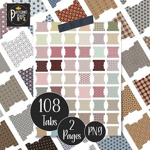 Printable Tabs In 108 Colourful Patterns for Bullet Journal, Patterned Tabs for Junk Journal, Scrapbooking, Card Making PNG Digital Download