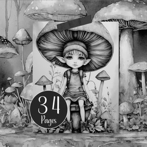 May include: A monochrome illustration of a child with pointed ears seated on a mushroom, beneath a large mushroom cap. The image is surrounded by other mushrooms and foliage. The text "34 Pages" is in a black circle.