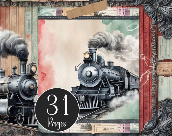 Steam Train Paper Pack with a Green and Red Vintage Vibe plus Writing Area Pages, Digital Printable for Journals and Collage Art