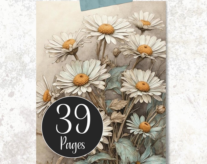 Printable Junk Journal Cards, Floral Ephemera in a Vintage Style, Flower Cards in Various sizes 8, 4 and 2 to a page, Digital Download