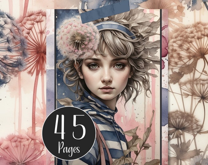 Fairy Junk Journal Kit with Ephemera, Pink and Blue Dandelions, Fairies Digital Journal Pages, Fairy Journal Cards, Envelopes and Tags