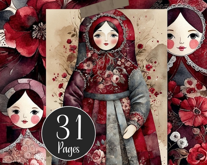 Russian Doll Junk Journal Pages with Ephemera, Floral Patchwork Matryoshka Dolls, Instant Download Printable for Journals and Collage Art