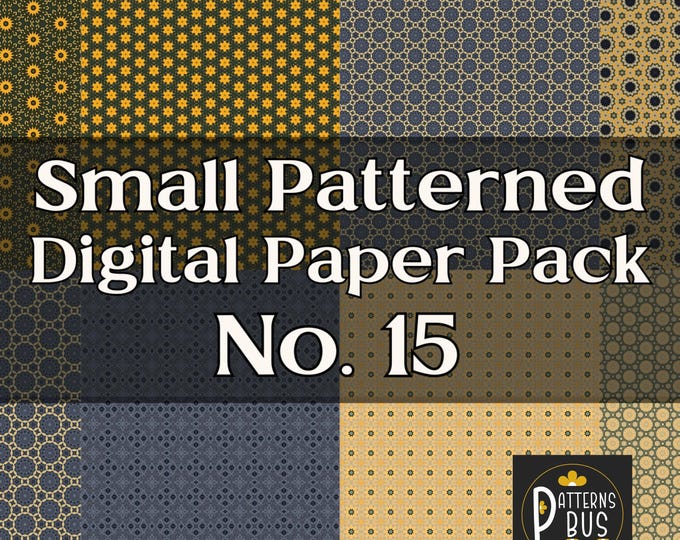 Small Patterned Digital Paper Pack No. 15 in hues of Mustard Yellow, Blue Grey, Brown and Green – Printable Pattern Paper for Junk Journals