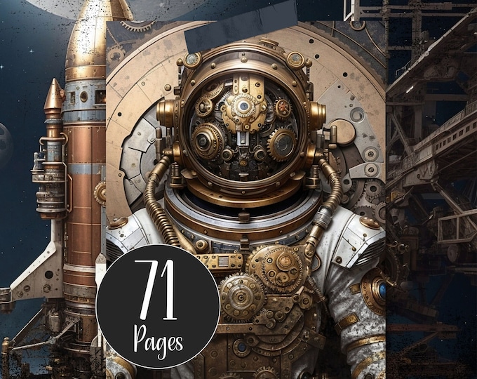 Steampunk Astronauts Junk Journal Kit Digital Papers Printable Steampunk Craft Paper Space Ephemera of Cosmonauts and Rocket Spaceships