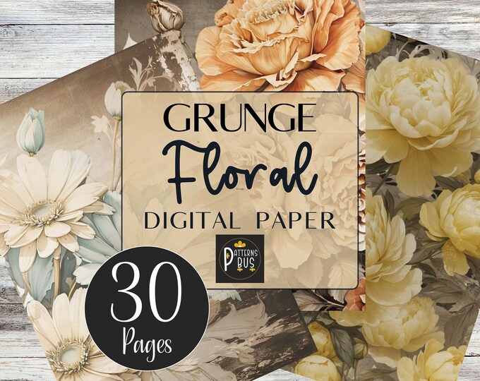 Grunge Floral Tall Journal Pages, 30 Pages, Digital Paper Pack, Grungy Printable Paper for Scrap Book Projects, Card Making, Journals