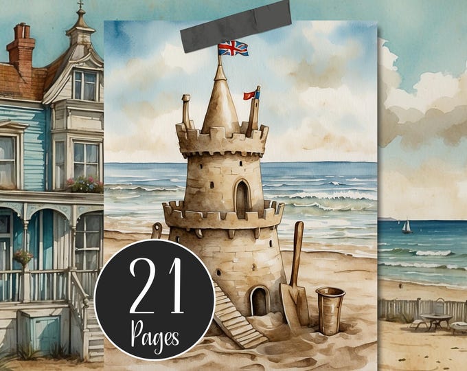 The Seaside Digital Paper Pack, Vintage Themed Digital Printable for Junk Journals, Sandcastle, Lighthouse, Beach Scenes