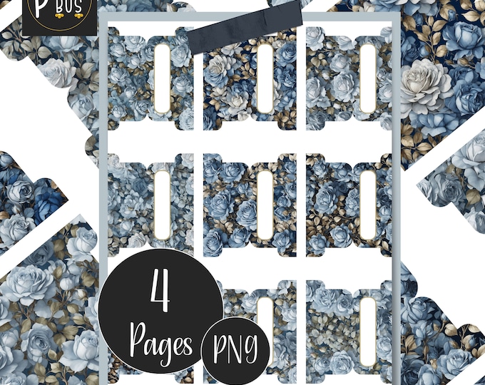 Printable Tabs for Bullet Journal, Blue Roses Planner Tab Dividers for Organisation, Wedding Planning, Journal Page Tab Add-ons