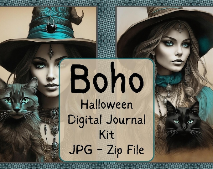 Boho Witch Halloween Digital Papers A4 Journal Kit, Teal Halloween Journal and Ephemera Pages, Boho Witches, Skulls and Cats